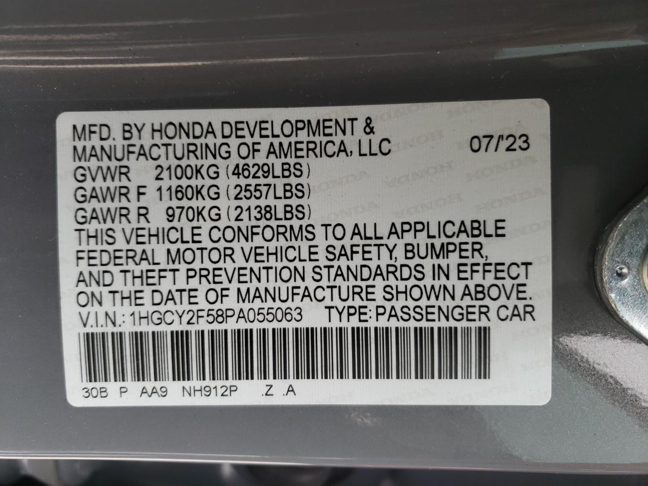 2023 HONDA ACCORD HYBRID SPORT VIN:1HGCY2F58PA055063