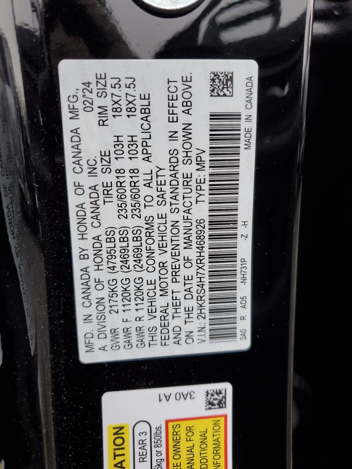 2024 HONDA CR-V EXL VIN:2HKRS4H7XRH468926