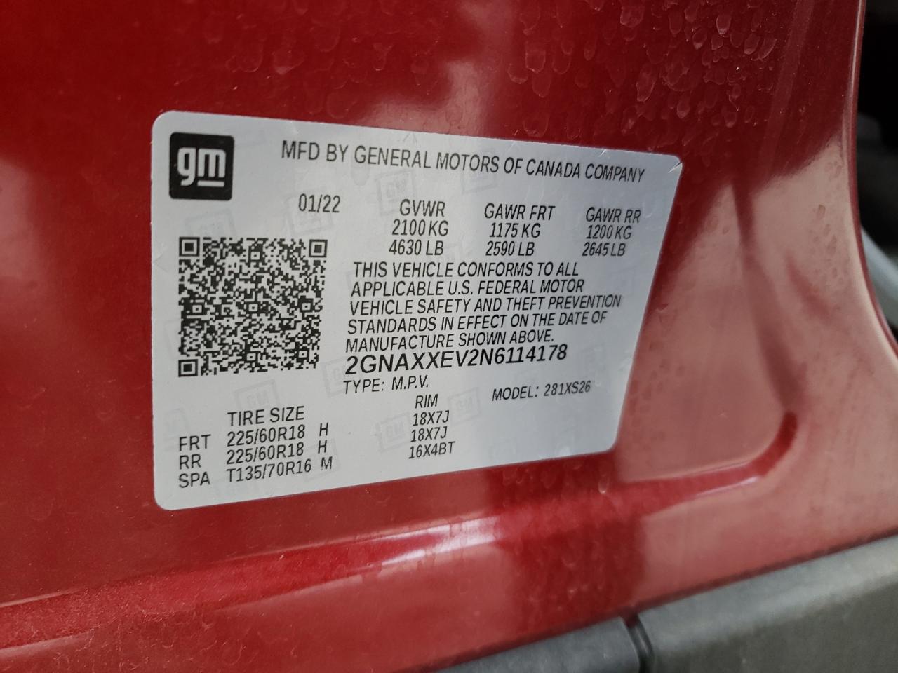 2022 CHEVROLET EQUINOX PREMIER VIN:2GNAXXEV2N6114178