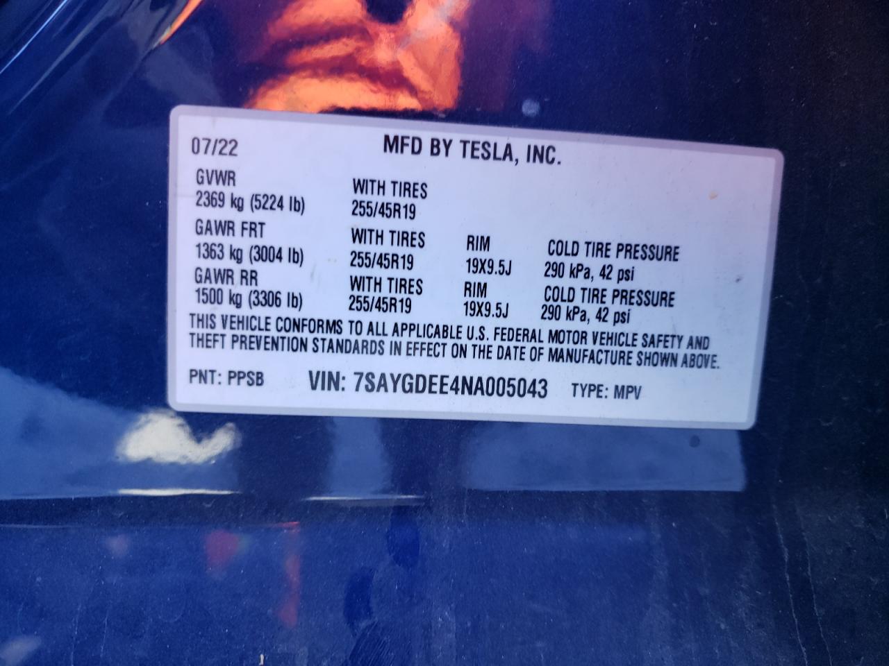 2022 TESLA MODEL Y  VIN:7SAYGDEE4NA005043