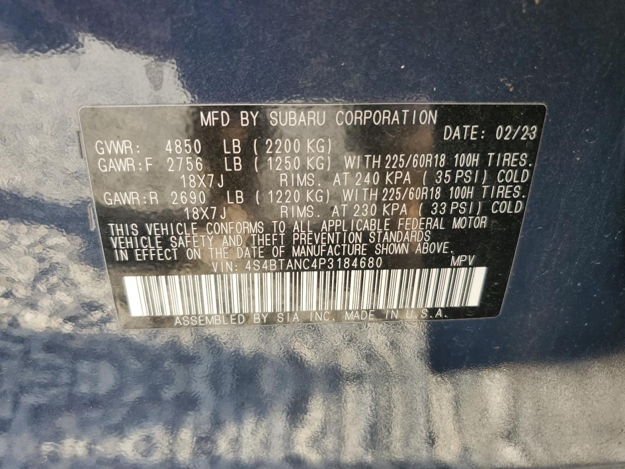 2023 SUBARU OUTBACK LIMITED VIN:4S4BTANC4P3184680