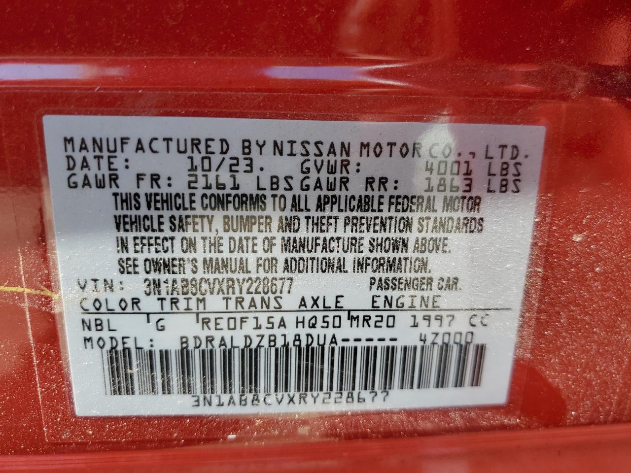 2024 NISSAN SENTRA SV VIN:3N1AB8CVXRY228677