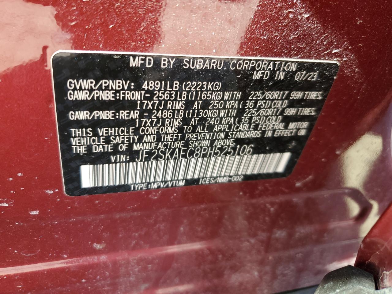 2023 SUBARU FORESTER PREMIUM VIN:JF2SKAEC8PH525106