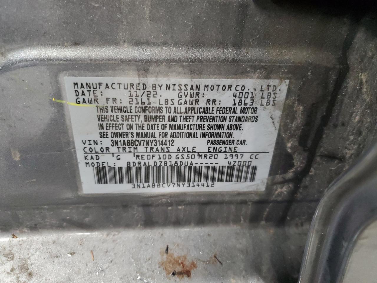 2022 NISSAN SENTRA SV VIN:3N1AB8CV7NY314412