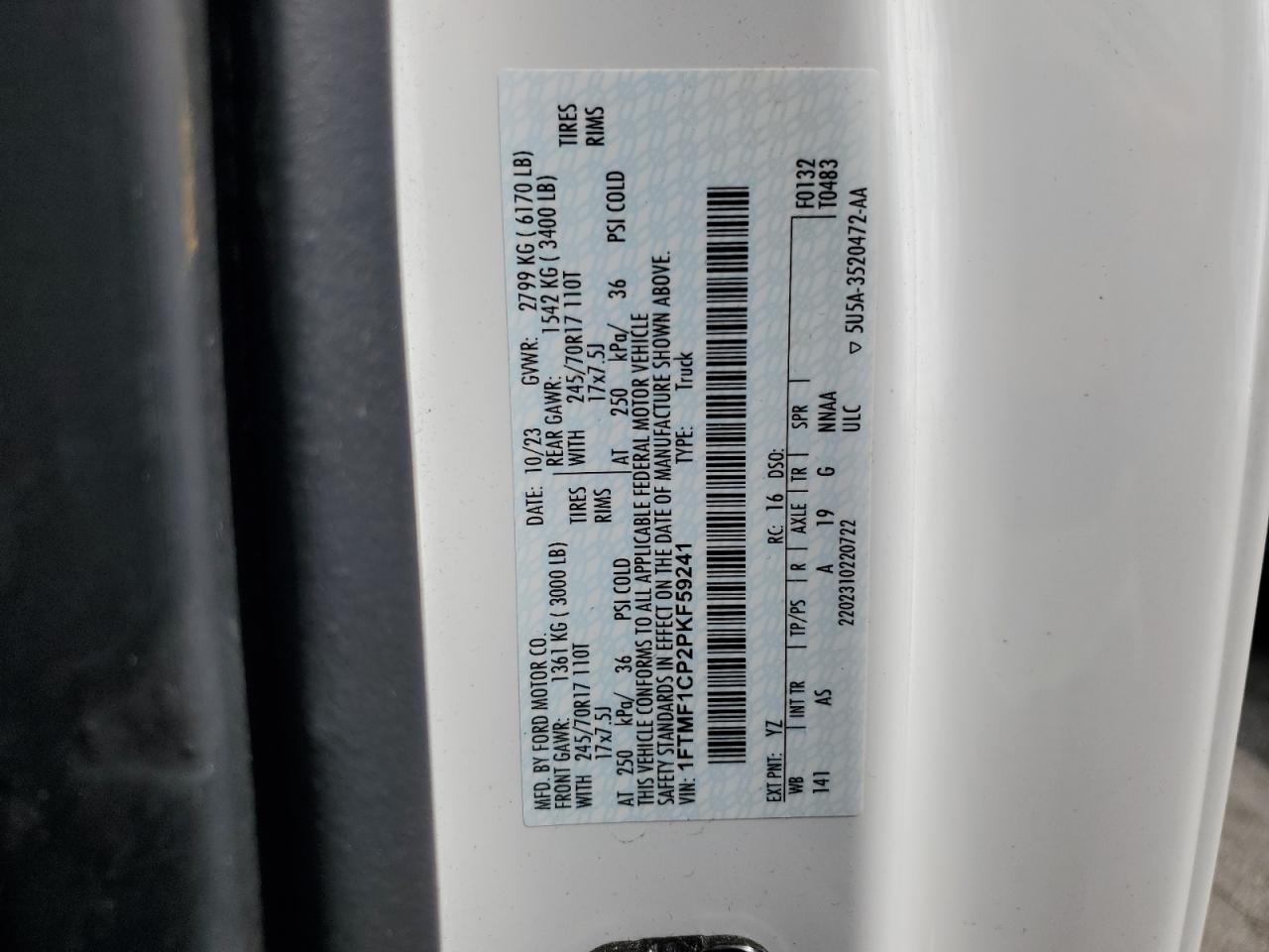 2023 FORD F150  VIN:1FTMF1CP2PKF59241