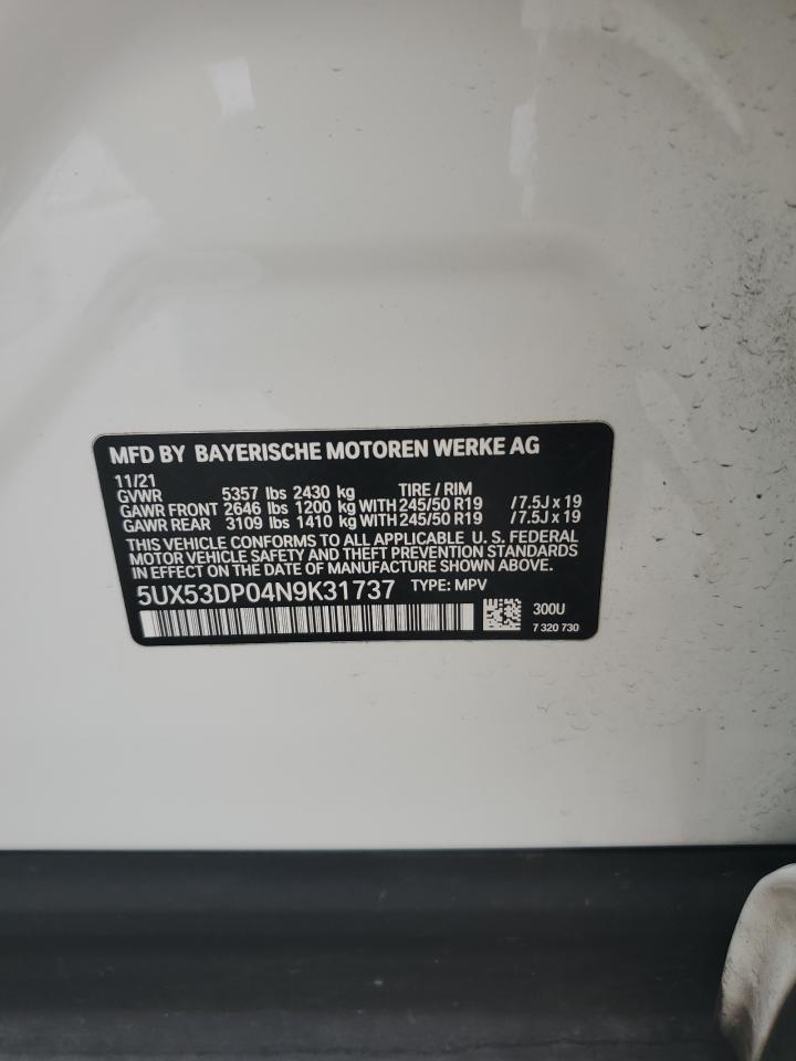 2022 BMW X3 XDRIVE30I VIN:5UX53DP04N9K31737