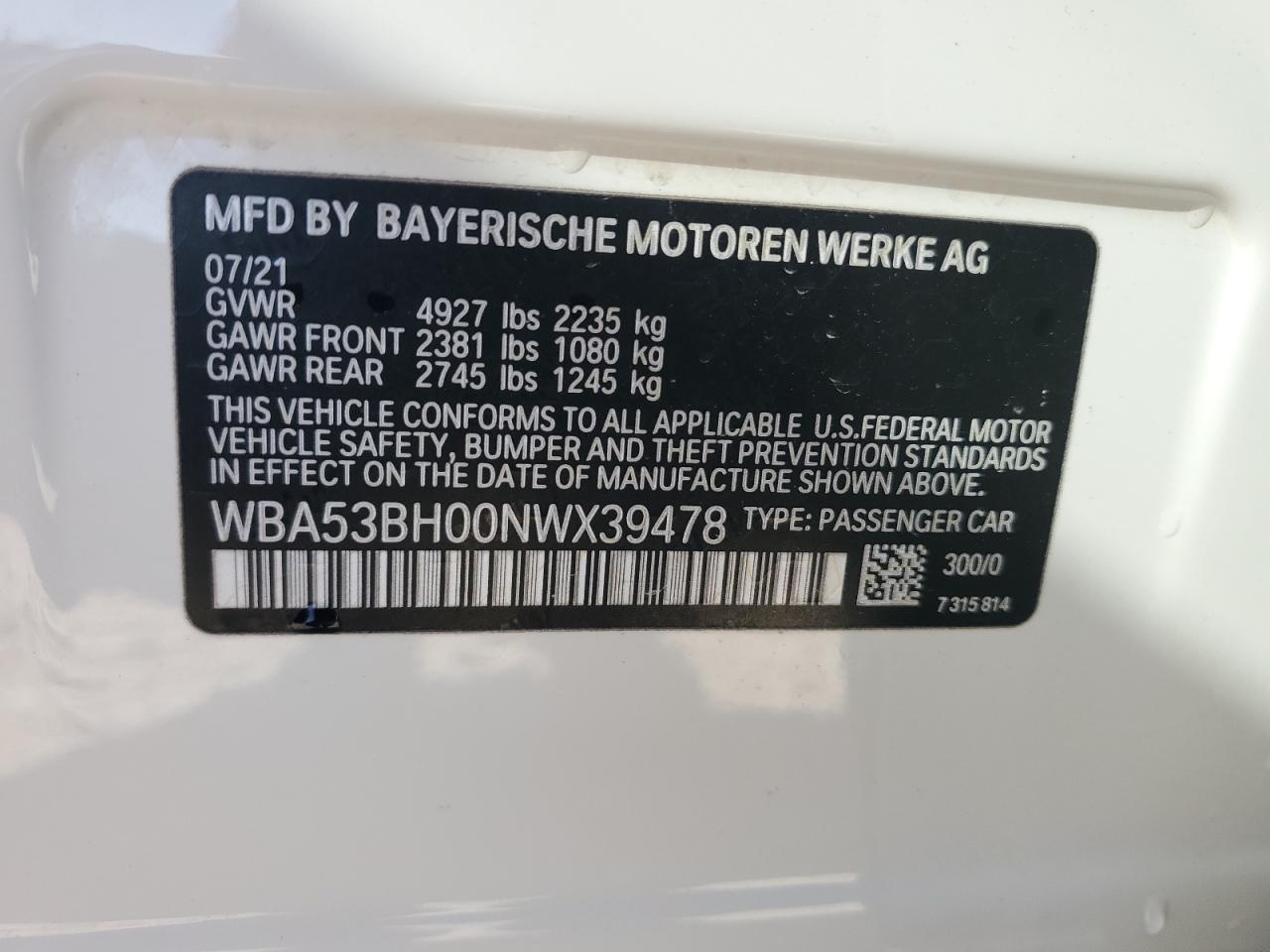 2022 BMW 530 I VIN:WBA53BH00NWX39478