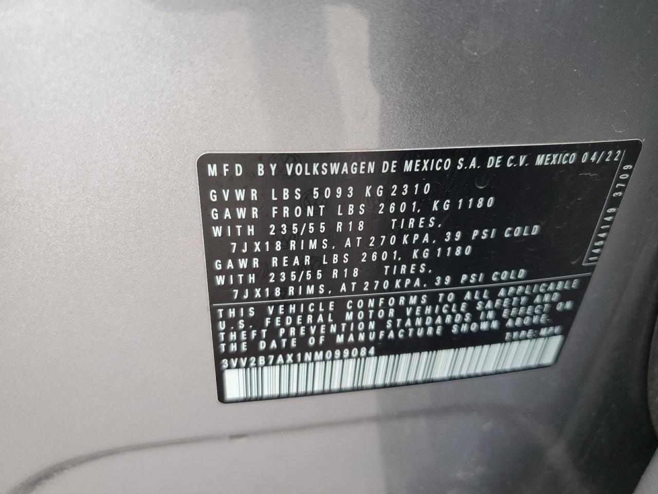 2022 VOLKSWAGEN TIGUAN SE VIN:3VV2B7AX1NM099084