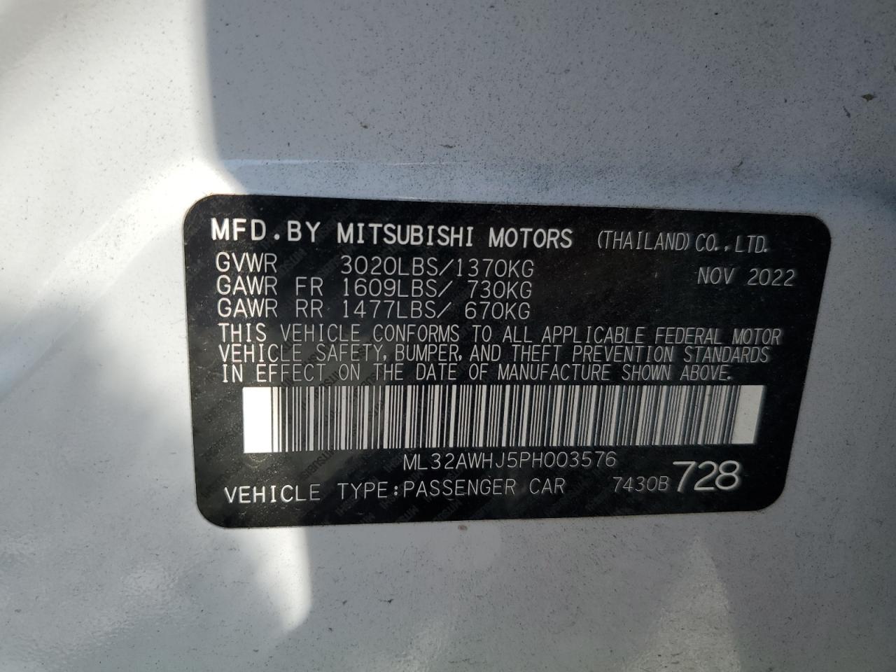 2023 MITSUBISHI MIRAGE SE VIN:ML32AWHJ5PH003576