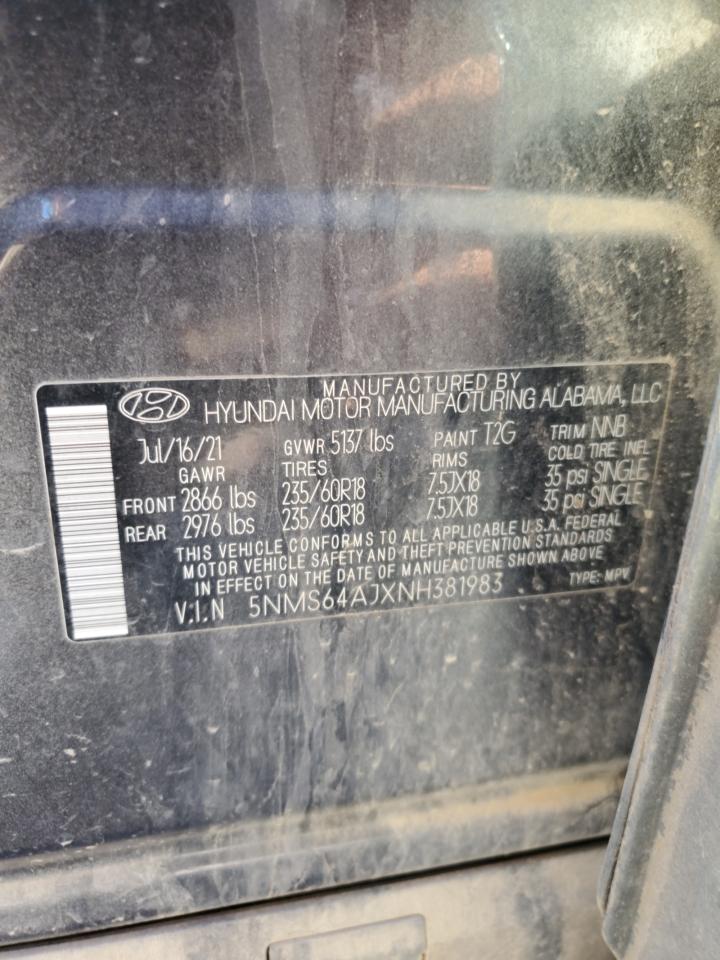 2022 HYUNDAI SANTA FE SEL VIN:5NMS64AJXNH381983