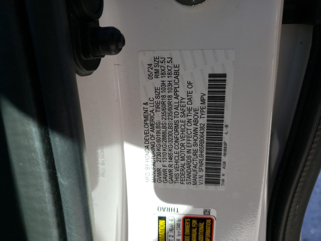 2024 HONDA ODYSSEY EXL VIN:5FNRL6H65RB064382