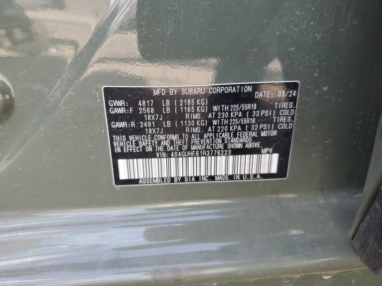 2024 SUBARU CROSSTREK SPORT VIN:4S4GUHF61R3776223