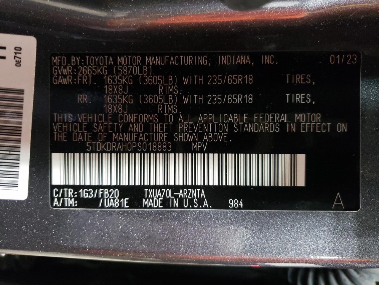 2023 TOYOTA HIGHLANDER L VIN:5TDKDRAH0PS018883