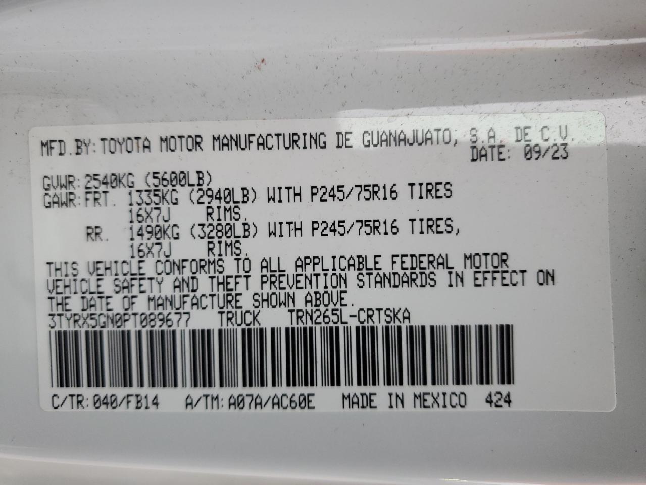 2023 TOYOTA TACOMA ACCESS CAB VIN:3TYRX5GN0PT089677