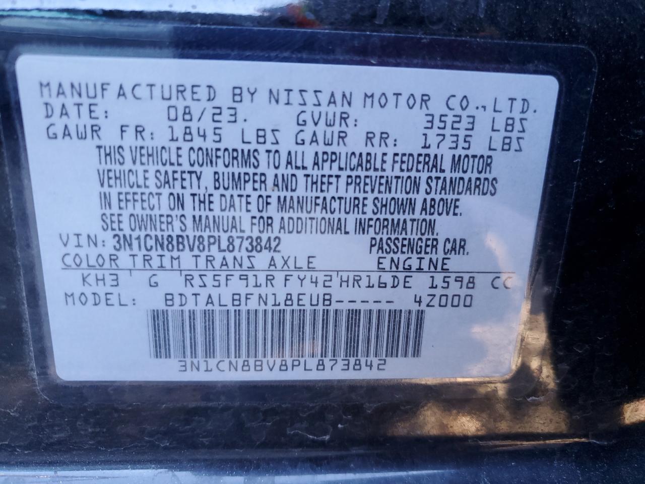 2023 NISSAN VERSA S VIN:3N1CN8BV8PL873842