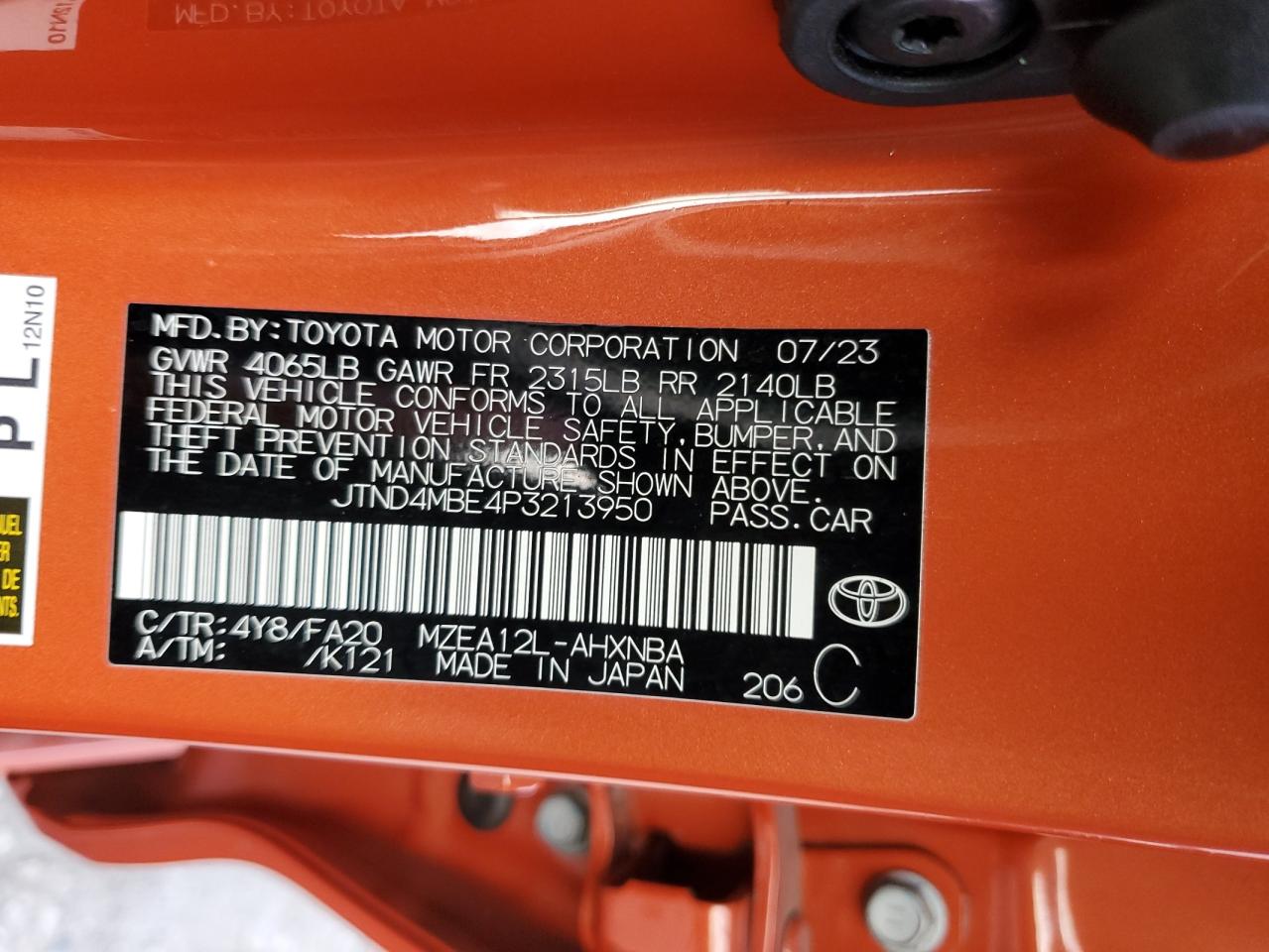 2023 TOYOTA COROLLA SE VIN:JTND4MBE4P3213950