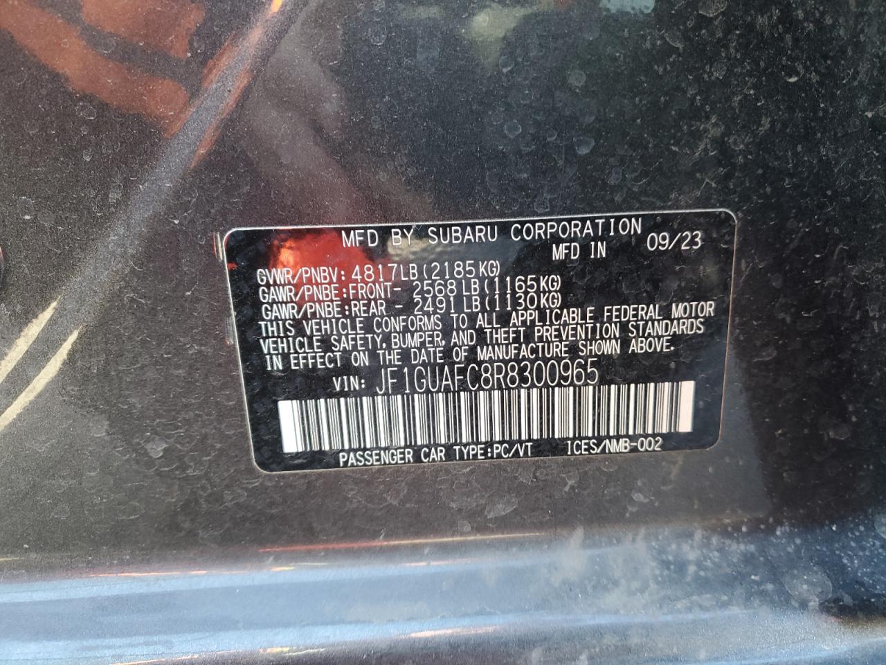 2024 SUBARU IMPREZA SPORT VIN:JF1GUAFC8R8300965