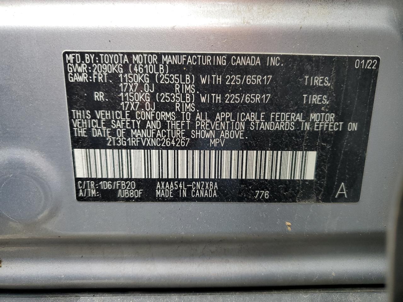 2022 TOYOTA RAV4 LE VIN:2T3G1RFVXNC264267