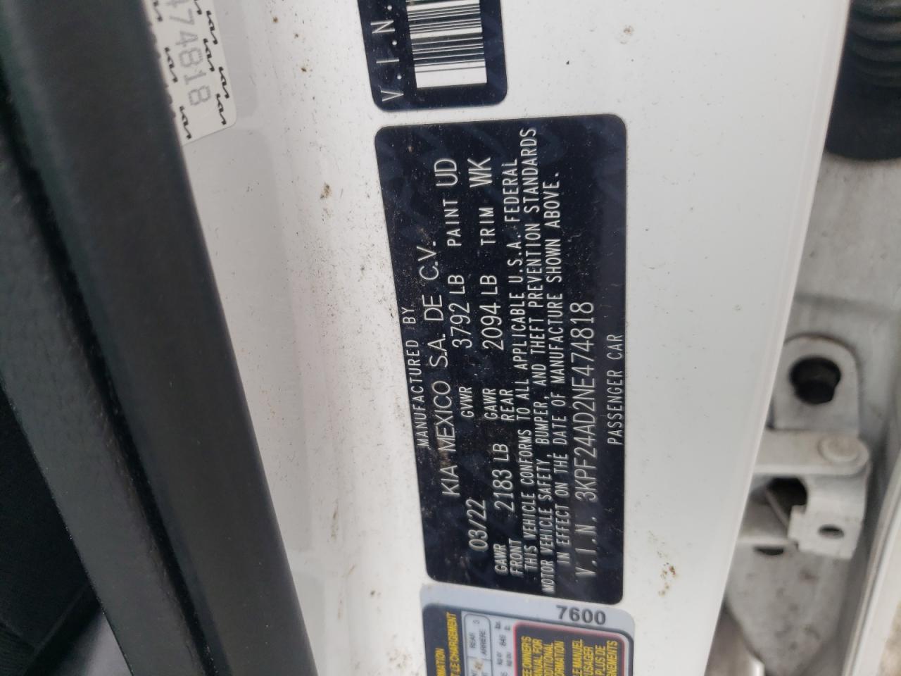 2022 KIA FORTE FE VIN:3KPF24AD2NE474818