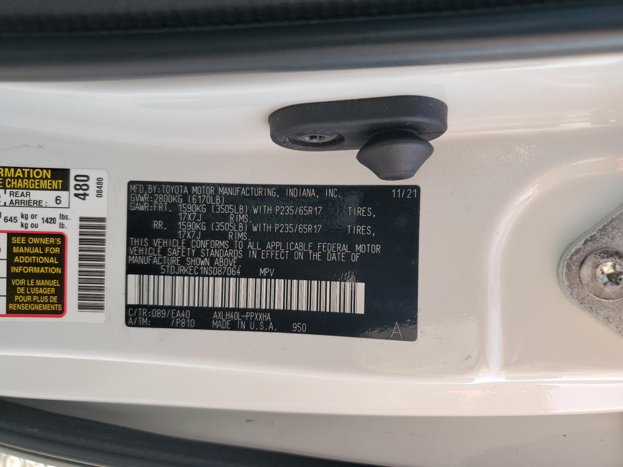 2022 TOYOTA SIENNA XLE VIN:5TDJRKEC1NS087064