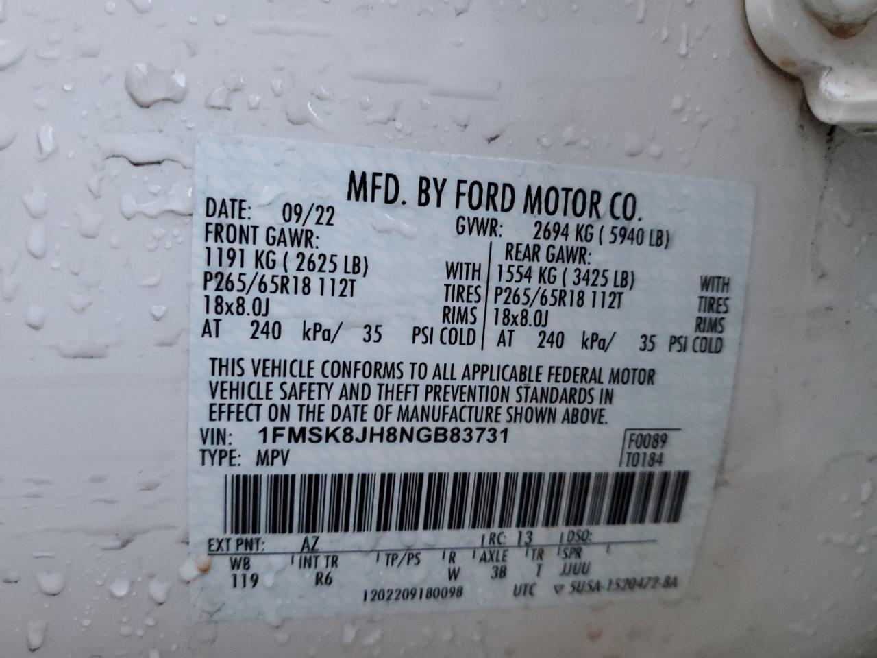 2022 FORD EXPLORER TIMBERLINE VIN:1FMSK8JH8NGB83731