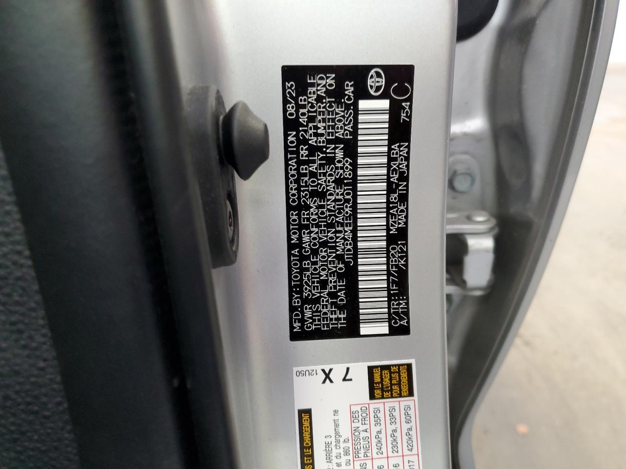 2024 TOYOTA COROLLA LE VIN:JTDB4MEE9RJ011899