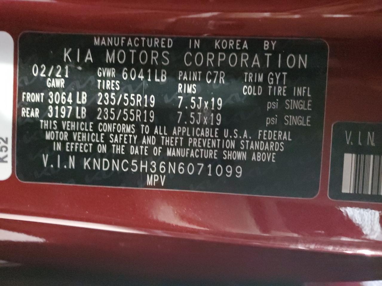 2022 KIA CARNIVAL EX VIN:KNDNC5H36N6071099