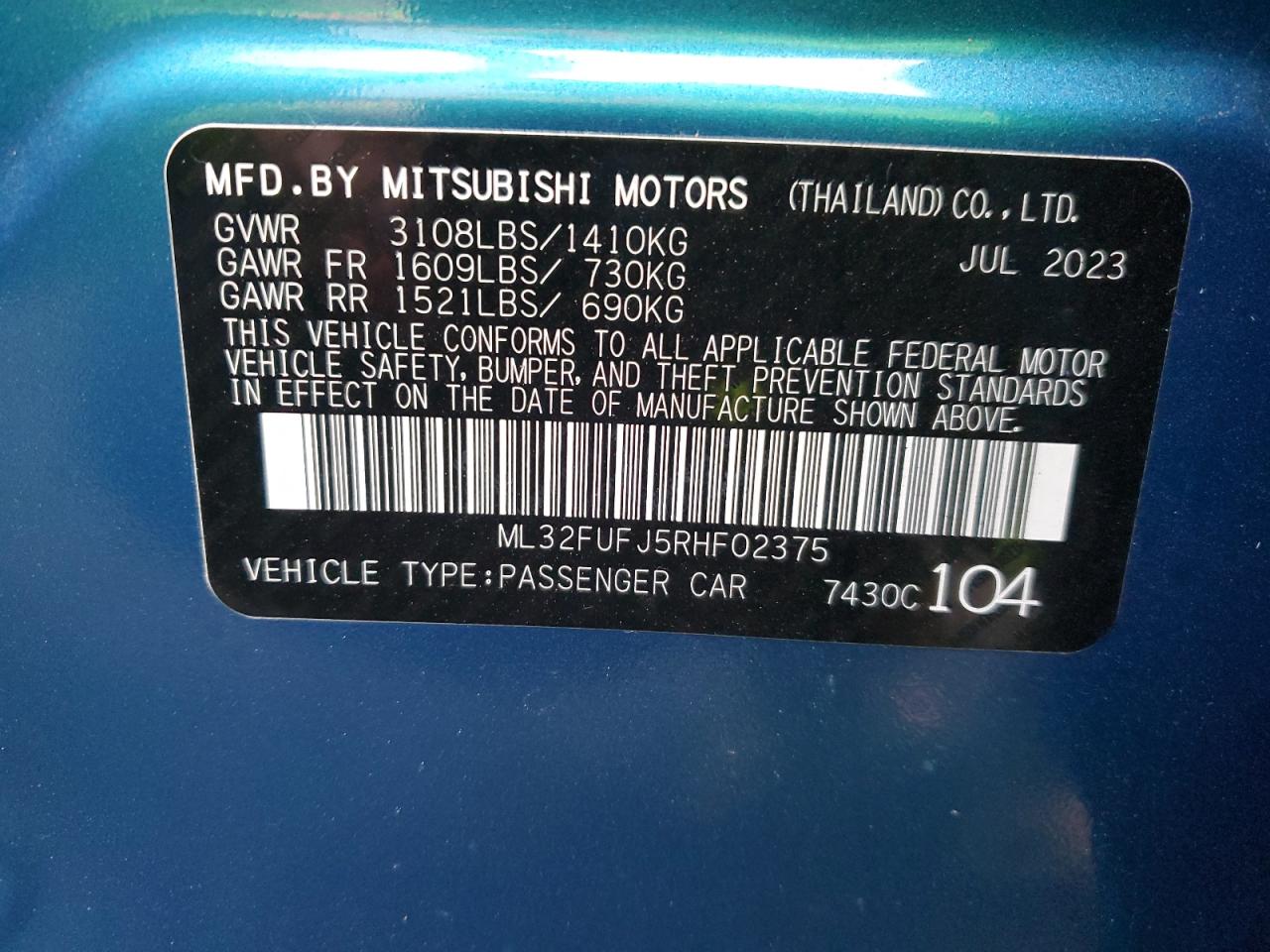 2024 MITSUBISHI MIRAGE G4 ES VIN:ML32FUFJ5RHF02375