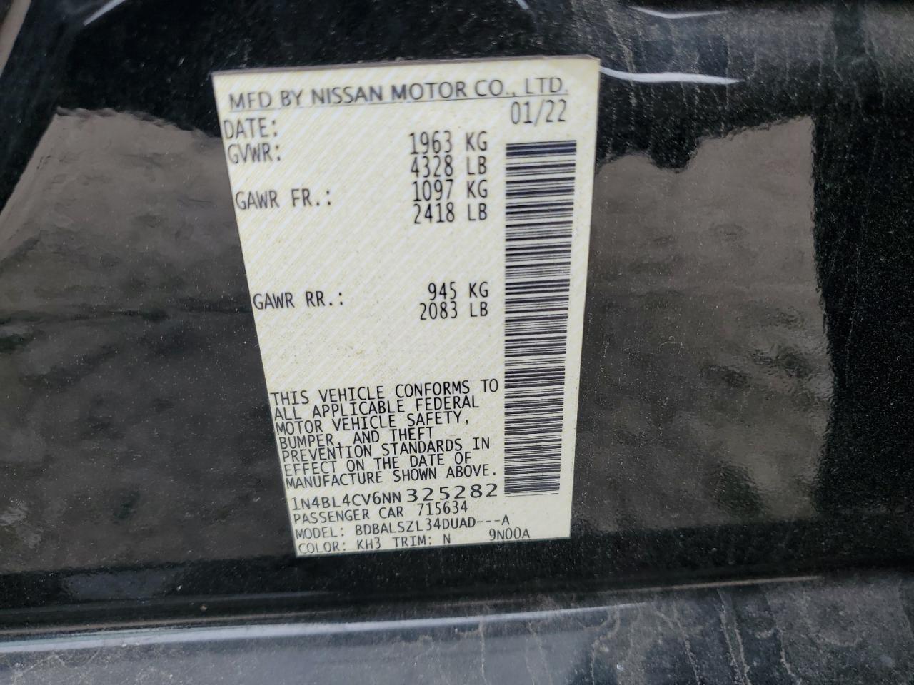 2022 NISSAN ALTIMA SR VIN:1N4BL4CV6NN325282