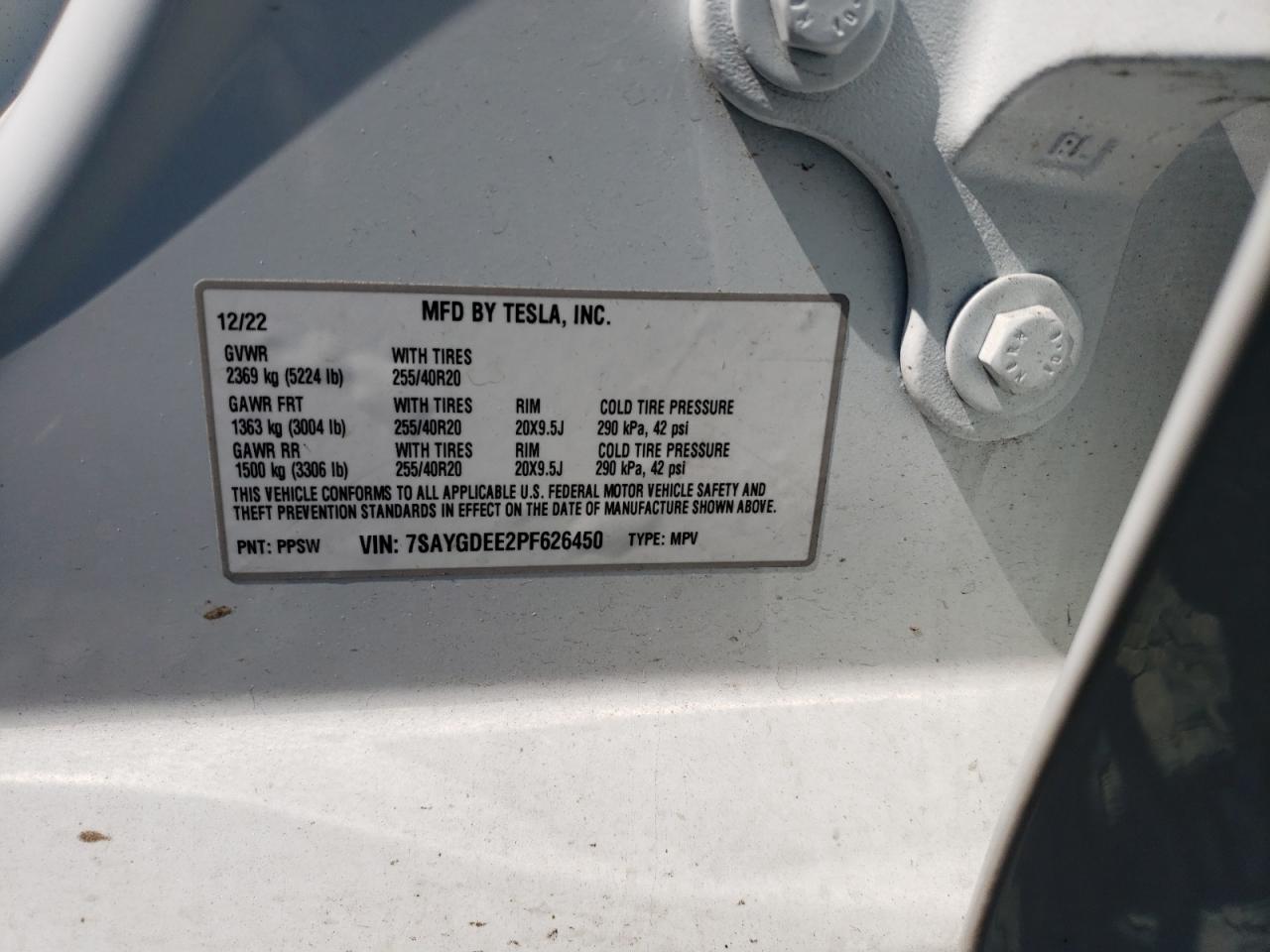 2023 TESLA MODEL Y  VIN:7SAYGDEE2PF626450