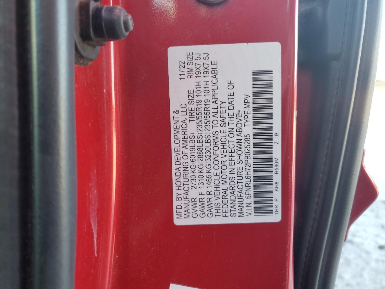 2023 HONDA ODYSSEY SPORT-L VIN:5FNRL6H72PB025285