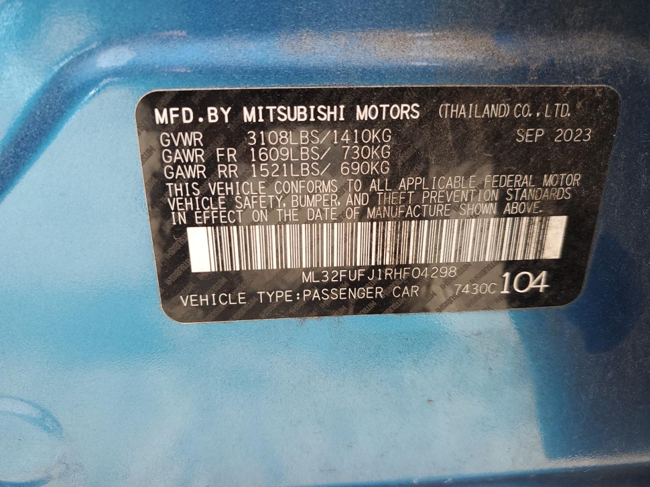 2024 MITSUBISHI MIRAGE G4 ES VIN:ML32FUFJ1RHF04298