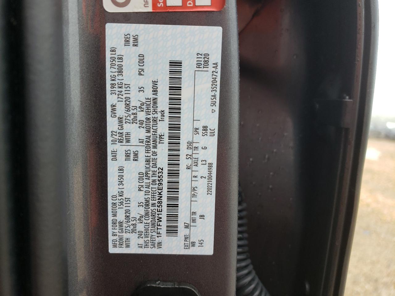 2022 FORD F150 SUPERCREW VIN:1FTFW1E58NKE95532