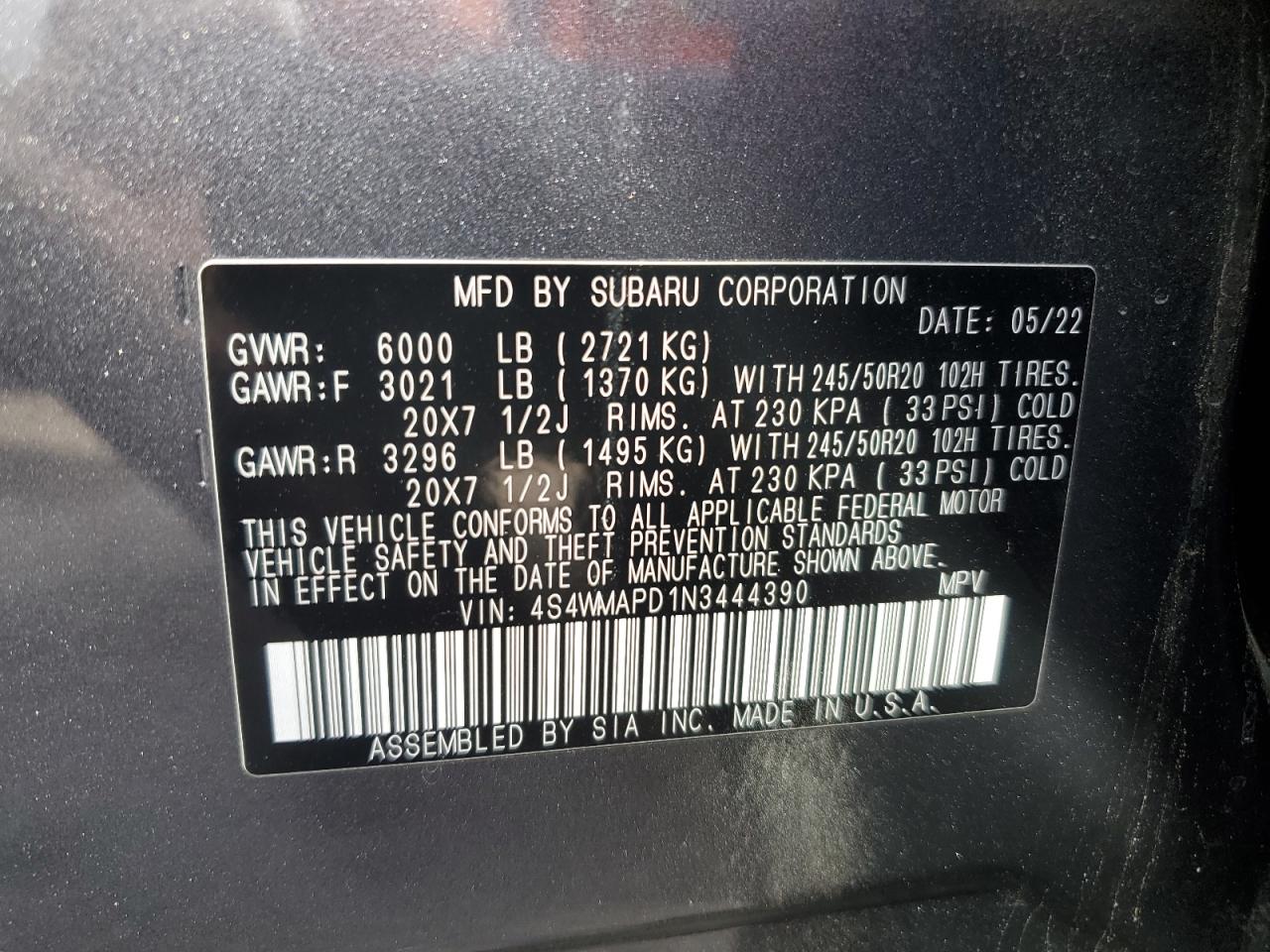 2022 SUBARU ASCENT LIMITED VIN:4S4WMAPD1N3444390