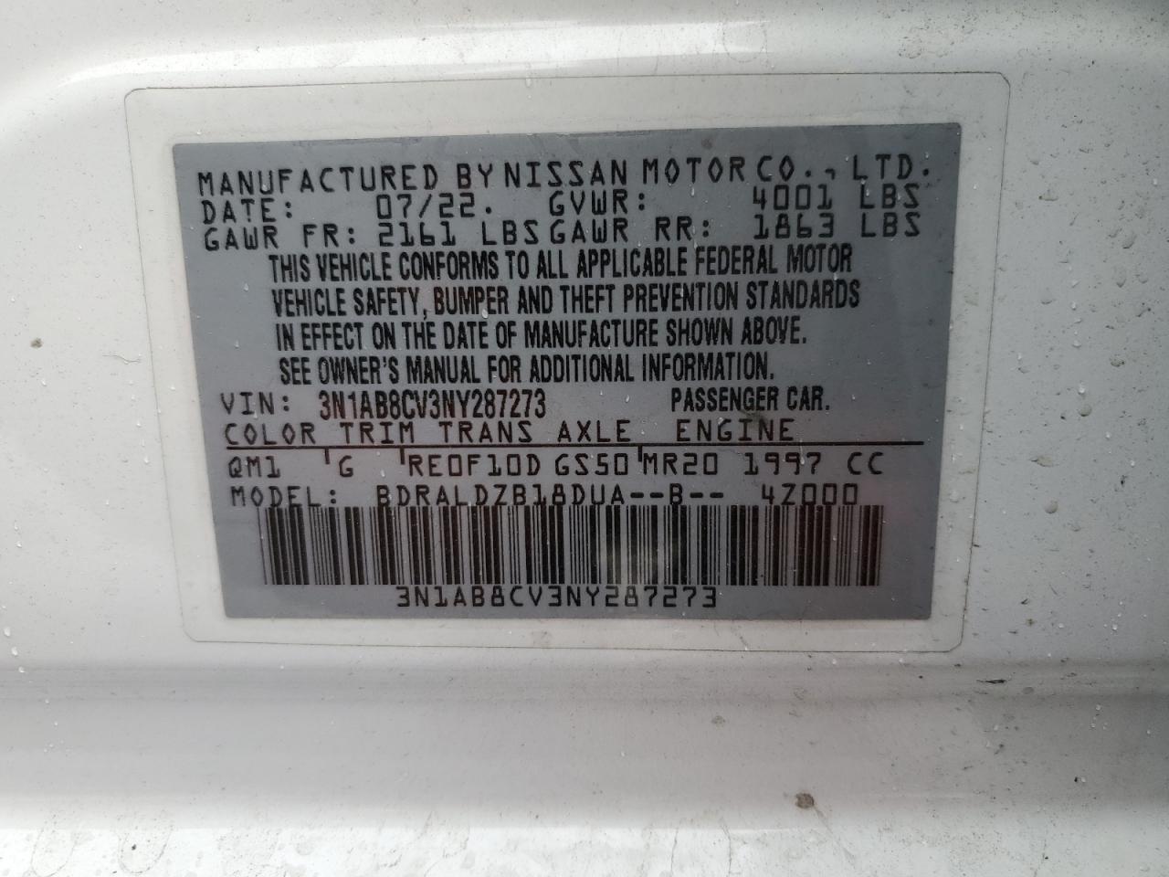 2022 NISSAN SENTRA SV VIN:3N1AB8CV3NY287273