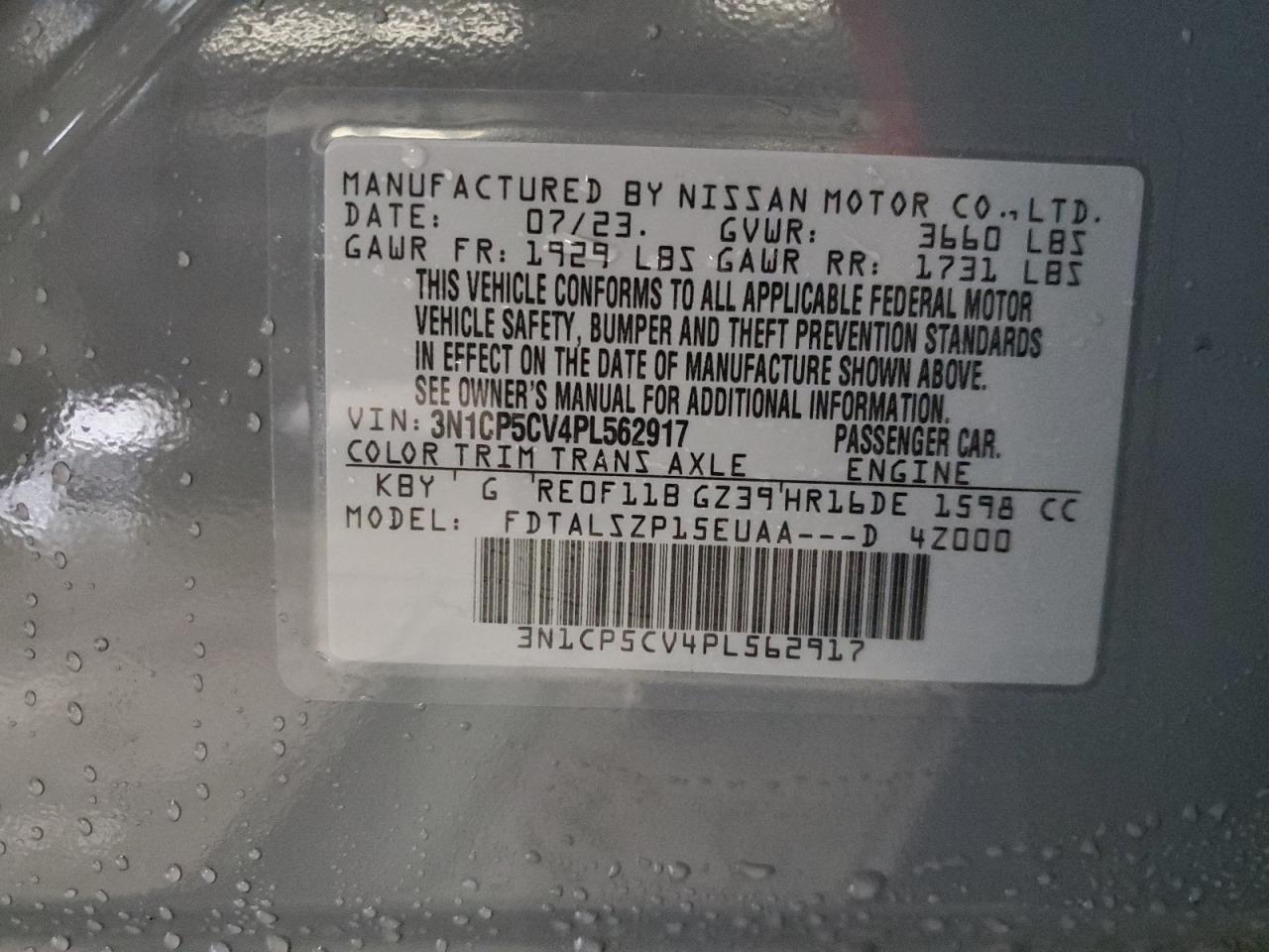 2023 NISSAN KICKS SV VIN:3N1CP5CV4PL562917