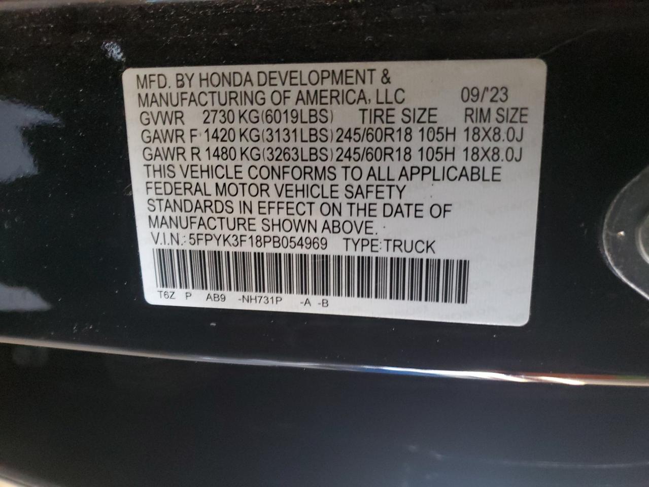 2023 HONDA RIDGELINE SPORT VIN:WD3PE8CB7C5701860