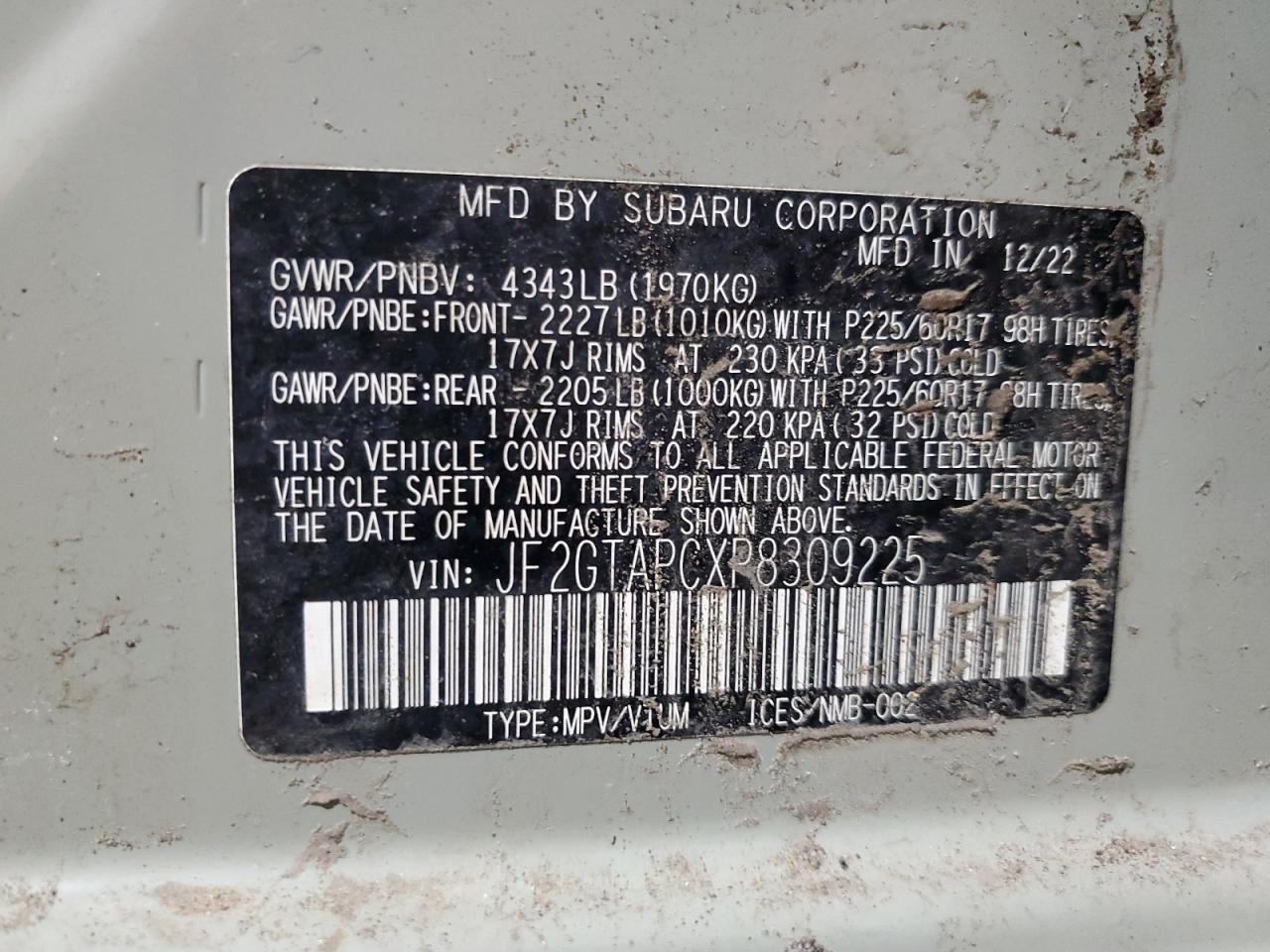 2023 SUBARU CROSSTREK PREMIUM VIN:JF2GTAPCXP8309225