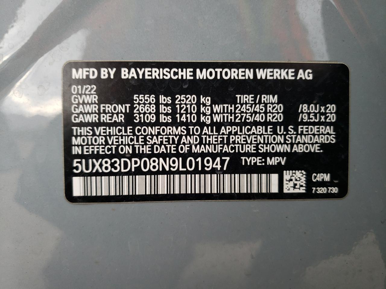 2022 BMW X3 M40I VIN:5UX83DP08N9L01947