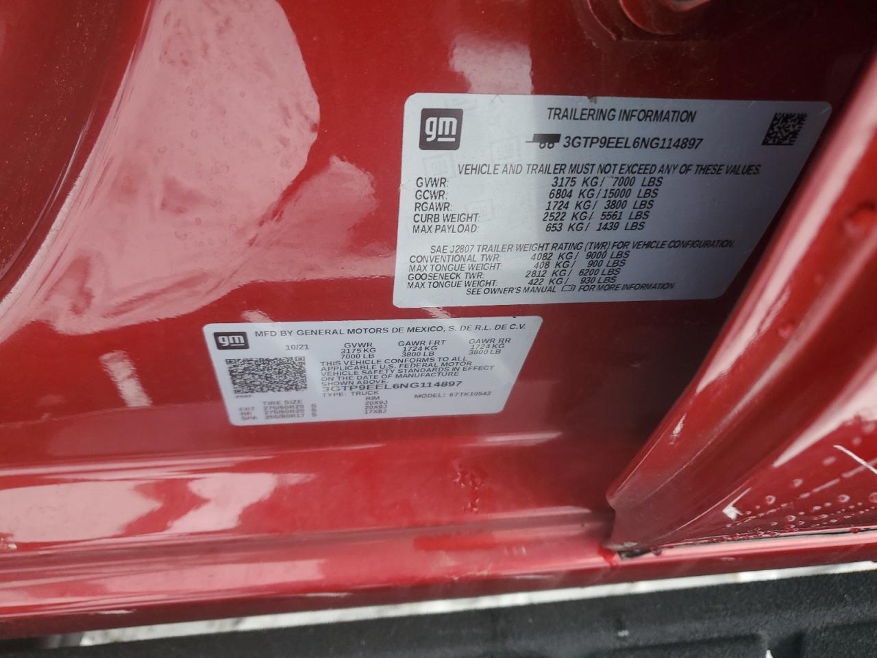 2022 GMC SIERRA LIMITED K1500 AT4 VIN:3GTP9EEL6NG114897
