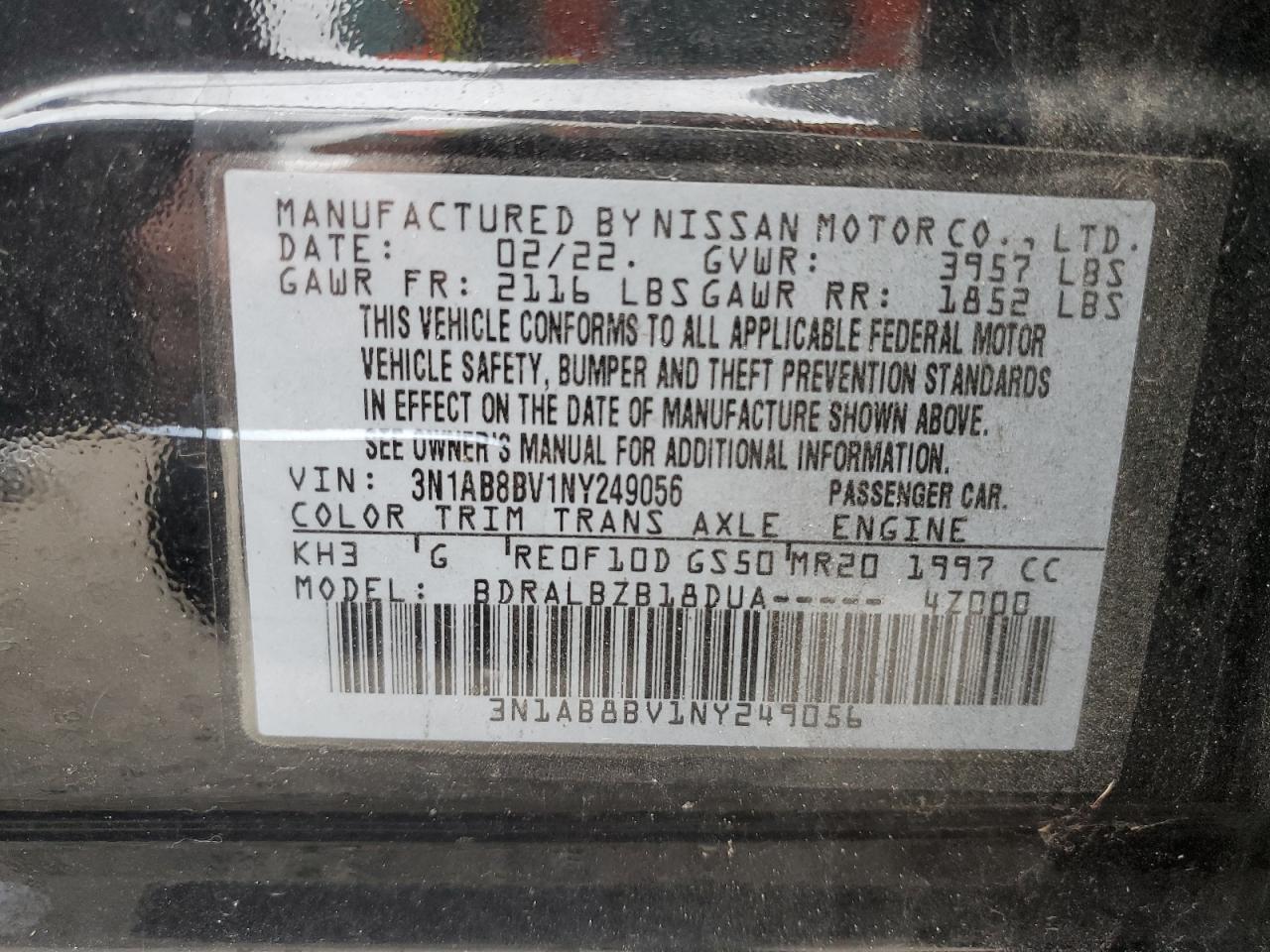 2022 NISSAN SENTRA S VIN:3N1AB8BV1NY249056