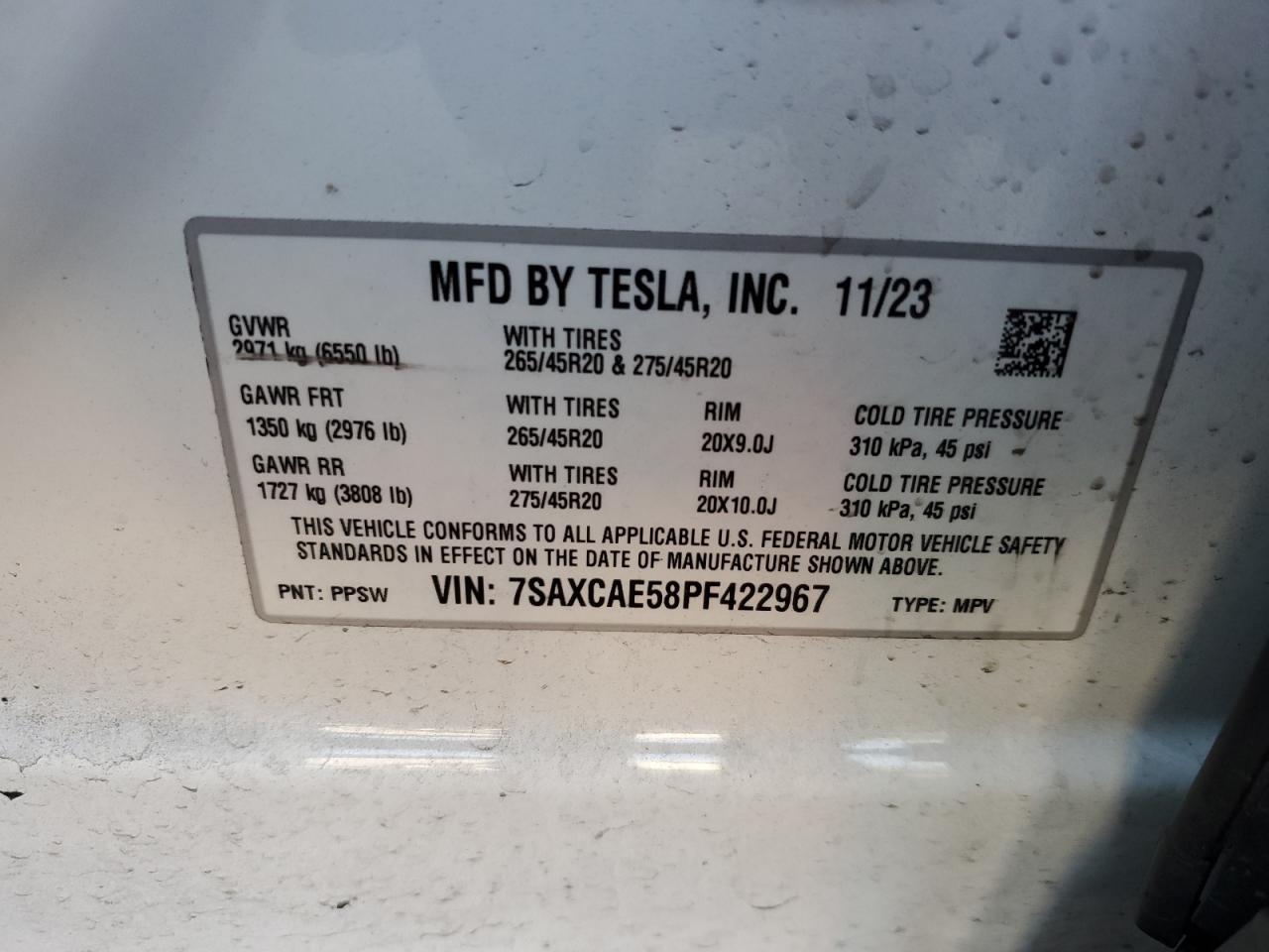 2023 TESLA MODEL X  VIN:7SAXCAE58PF422967