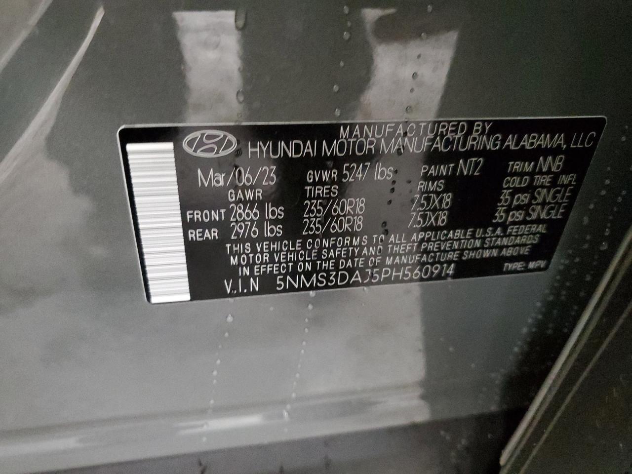 2023 HYUNDAI SANTA FE SEL PREMIUM VIN:5NMS3DAJ5PH560914
