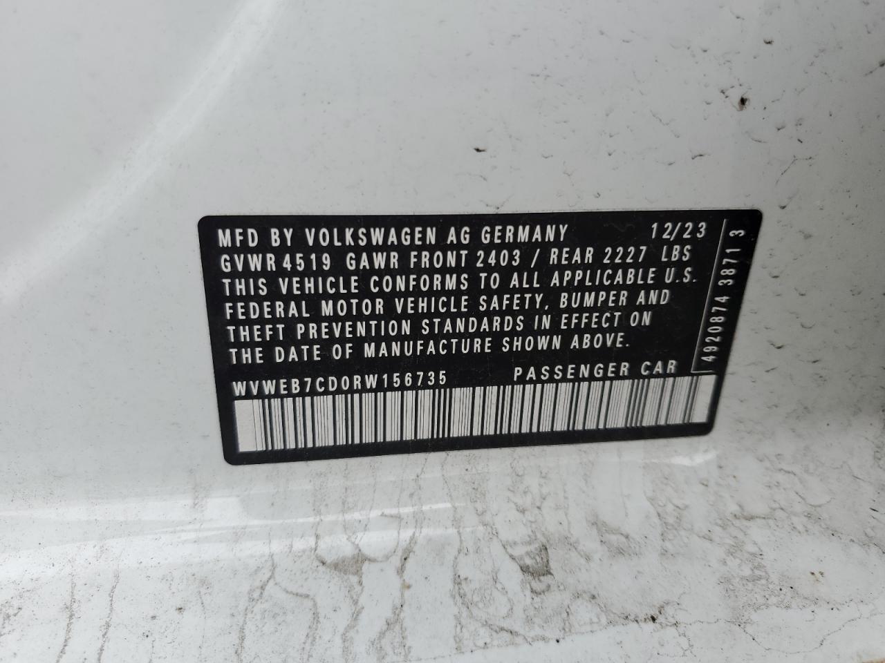 2024 VOLKSWAGEN GOLF R  VIN:WVWEB7CD0RW156735