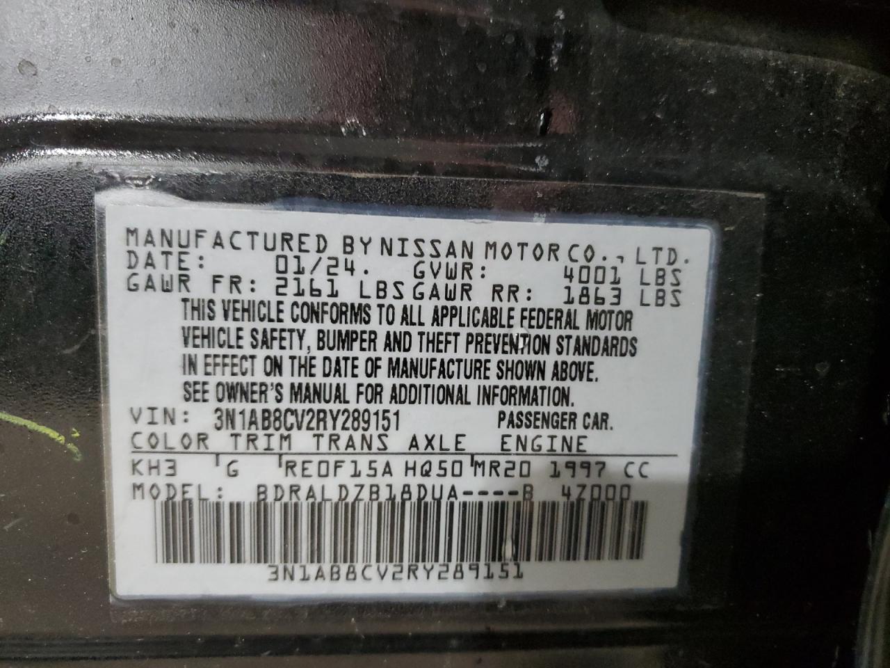 2024 NISSAN SENTRA SV VIN:3N1AB8CV2RY289151