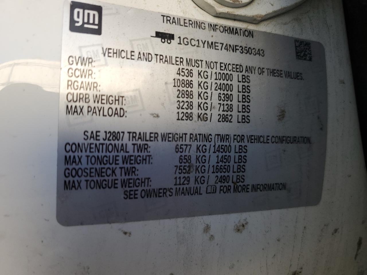 2022 CHEVROLET SILVERADO K2500 CUSTOM VIN:1GC1YME74NF350343