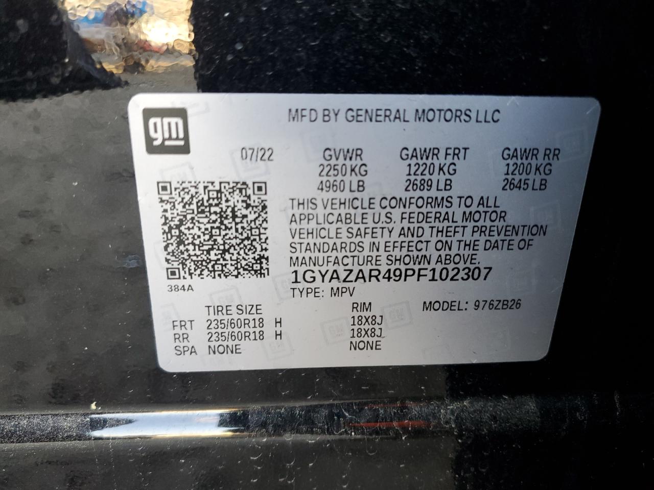 2023 CADILLAC XT4 LUXURY VIN:1GYAZAR49PF102307