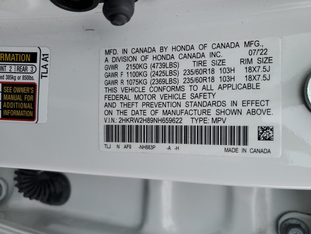 2022 HONDA CR-V EXL VIN:2HKRW2H89NH659622