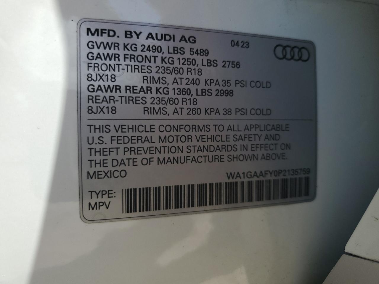 2023 AUDI Q5 PREMIUM 45 VIN:WA1GAAFY0P2135759