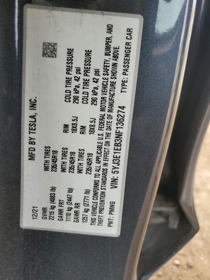 2022 TESLA MODEL 3  VIN:5YJ3E1EB3NF136274